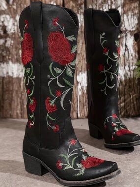 Black Cowboy Boots Red Rose Western Boho Chic